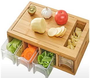 Cutting Board with 4 Containers, Large Chopping Board with Juice Grooves, Easy-grip Handles & Food Sliding Opening, Carving Board with Trays for Food Storage, Transport and Cleanup